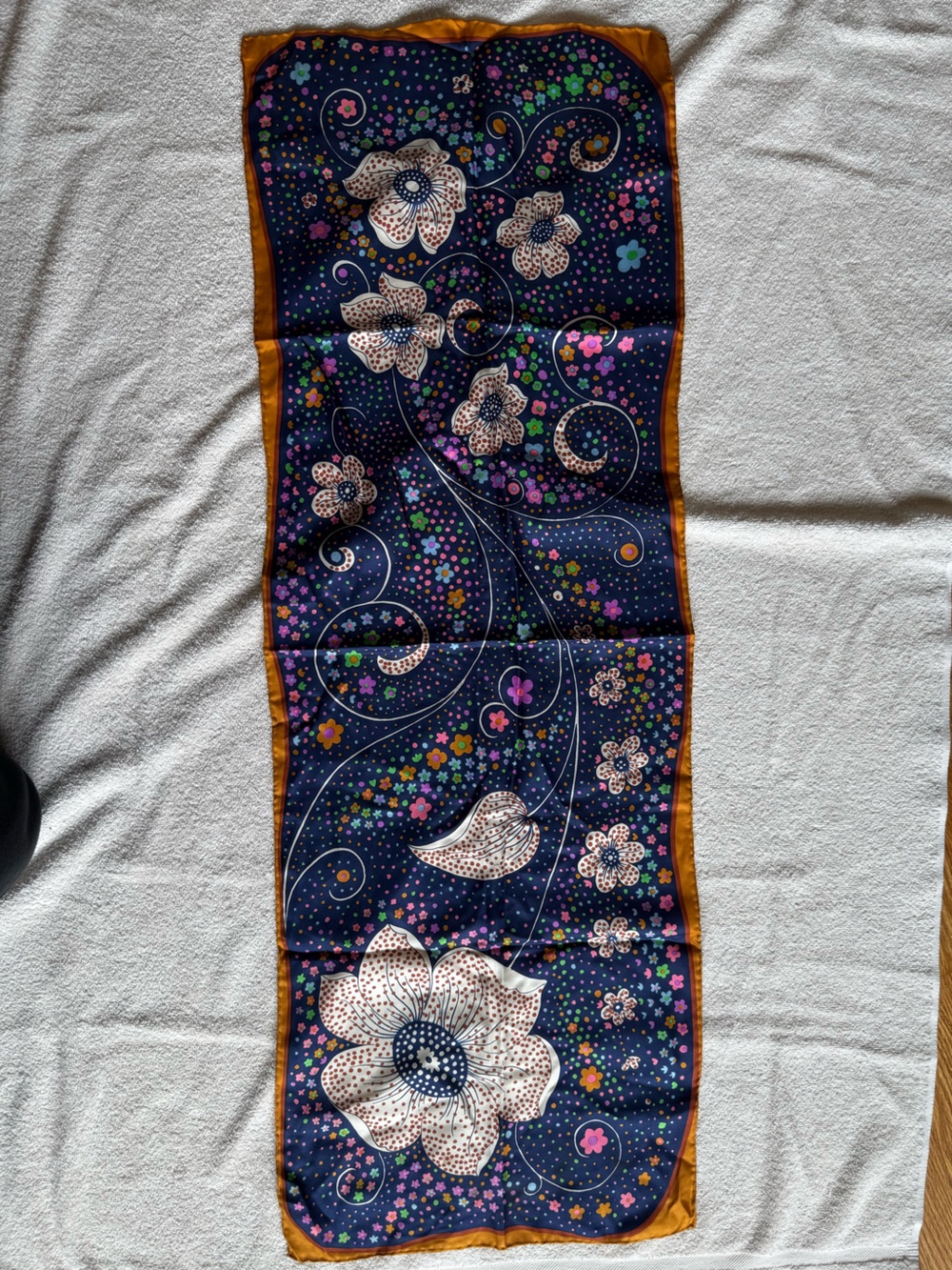 Floral Navy Blue Decorative 100% Silk Scarf with Gold Trim